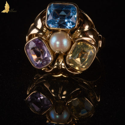 Współczesny pierścionek koktajlowy "Mucha" z szlachetnymi kamieniami kolorowymi