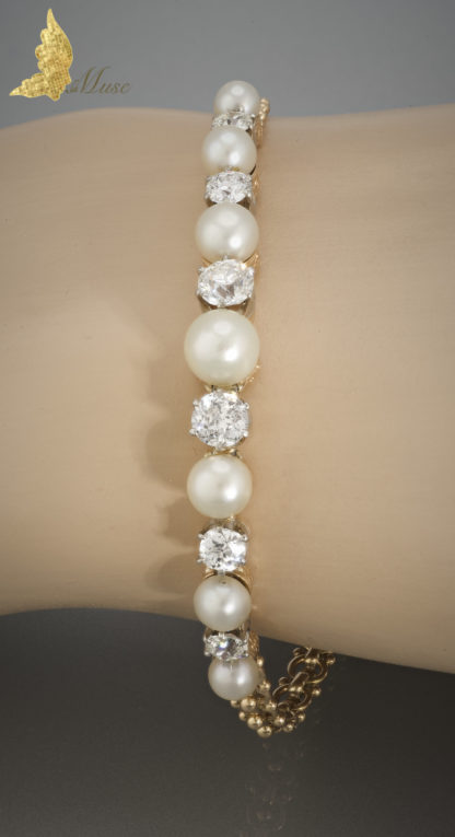 Wiktoriańska złota bransoleta, perły i brylanty ok 1,5 ct