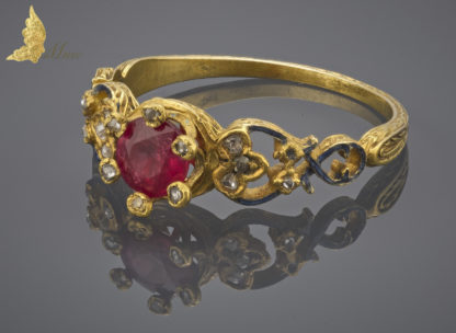 Wiktoriański pierścionek z Rubinem i Emalią w 18K złocie