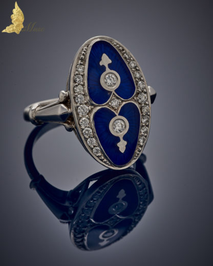 Autorski pierścionek z kobaltową emalią i brylantami