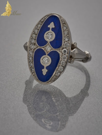 Autorski pierścionek z kobaltową emalią i brylantami