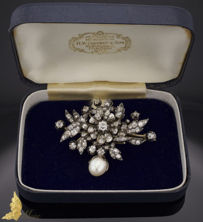 Broszo-wisior z brylantami ok. 4 ct i perłą w srebrze i złocie II poł. XIX wieku