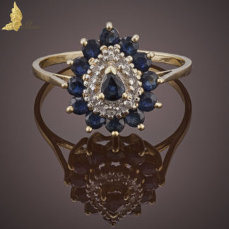 Pierścionek z szafirami i diamentami w kształcie kropli w 14K złocie