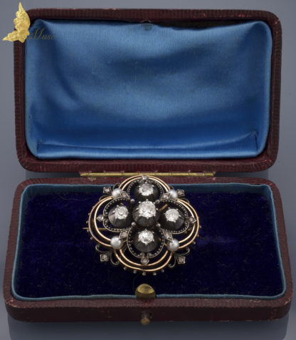 Brosza z brylantami ok. 1,20 ct i perłami w srebrze i złocie, Autro-Węgry poł. XIX w.