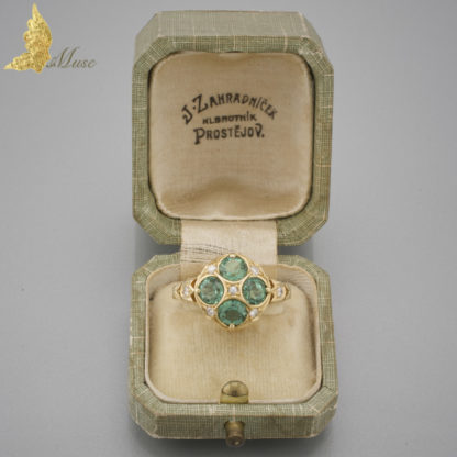 Wenecki pierścionek z zielonymi turmalinami 2 ct i brylantami w żółtym złocie 18K, RARE