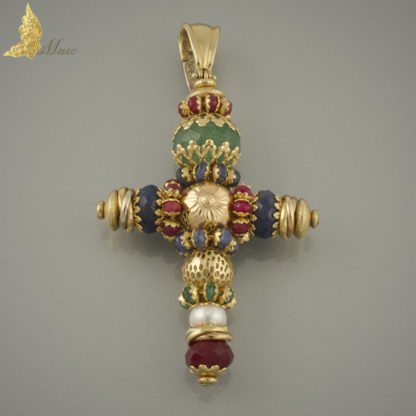 Wisior krzyż Wenecki z kamieniami szlachetnymi i perłą w 18K żółtym złocie