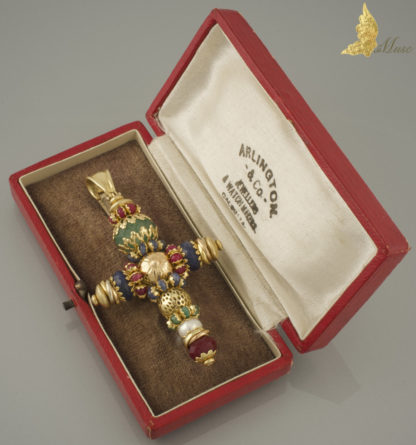 Wisior krzyż Wenecki z kamieniami szlachetnymi i perłą w 18K żółtym złocie