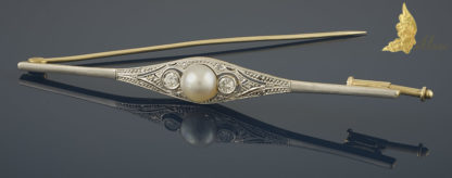 Brosza Art Deco z perłą i brylantami w białym i żółtym złocie 14K