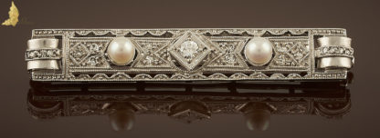 Brosza Art Deco z brylantami i perełkami w białym złocie 14K