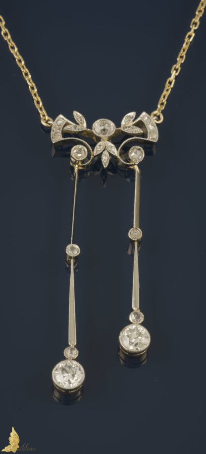 Secesyjny naszyjnik z brylantami w dawnym szlifie z łańcuszkiem w 14K złocie