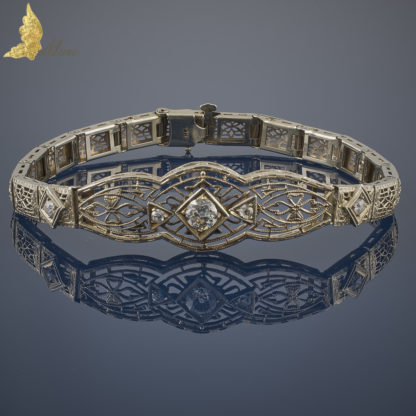 Ażurowa bransoleta Art Deco z 5 brylantami w 14K złocie