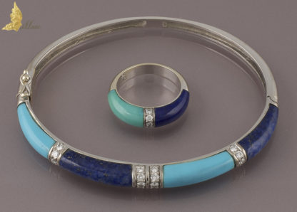 Pierścionek - półobrączka z turkusem, lapis lazuli i brylantami